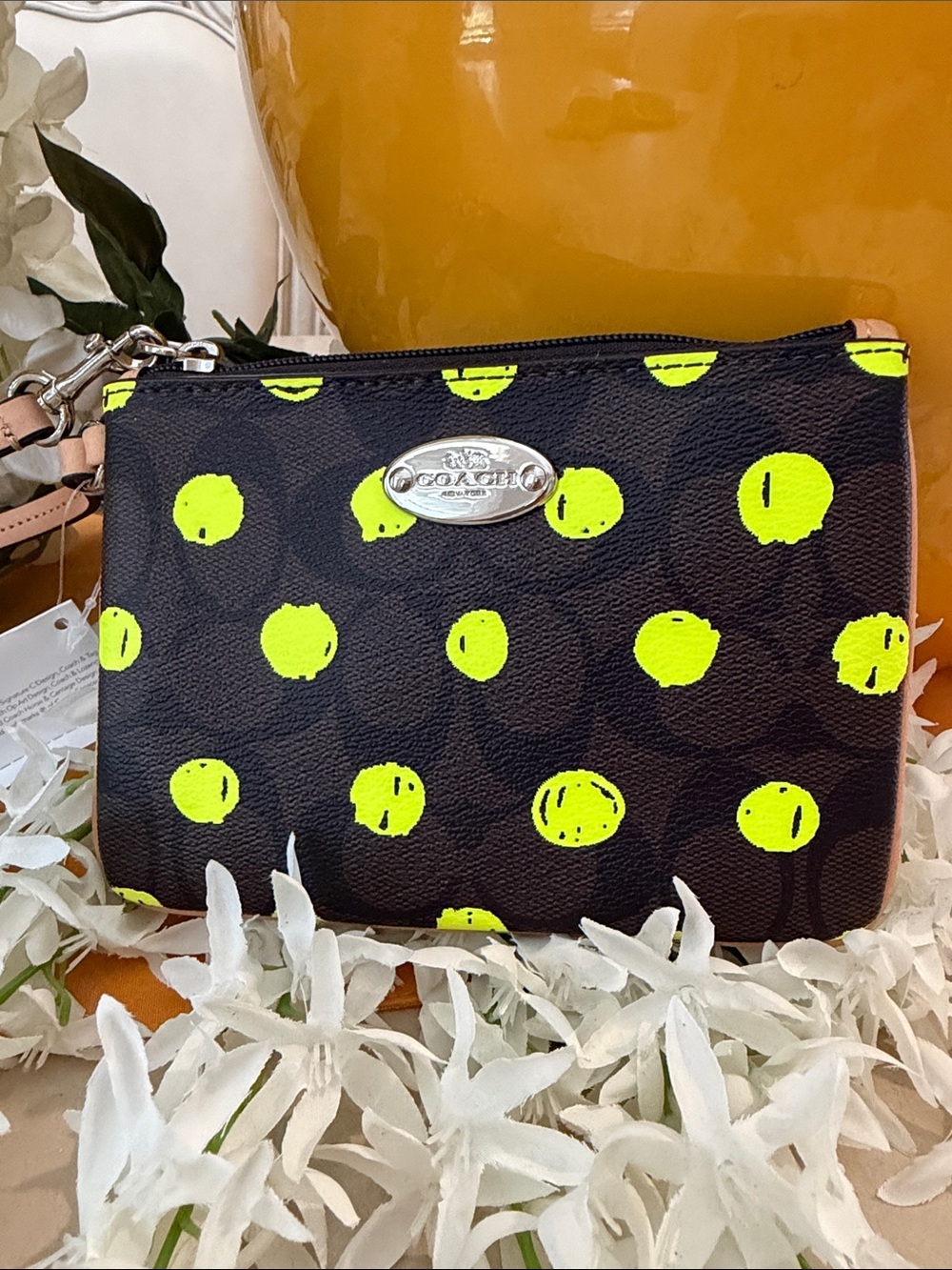 Coach Black Leather Wristlet with Neon Yellow Polka Dots